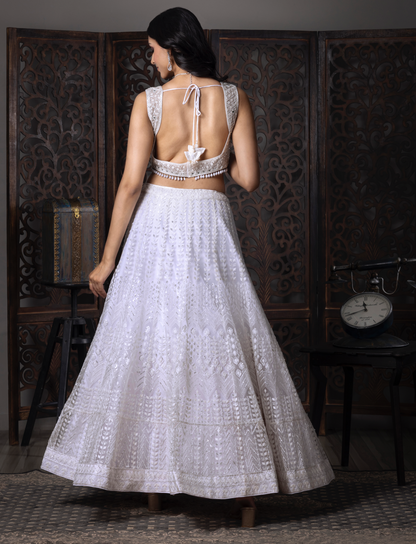 White Embroidered Net Lehenga Choli