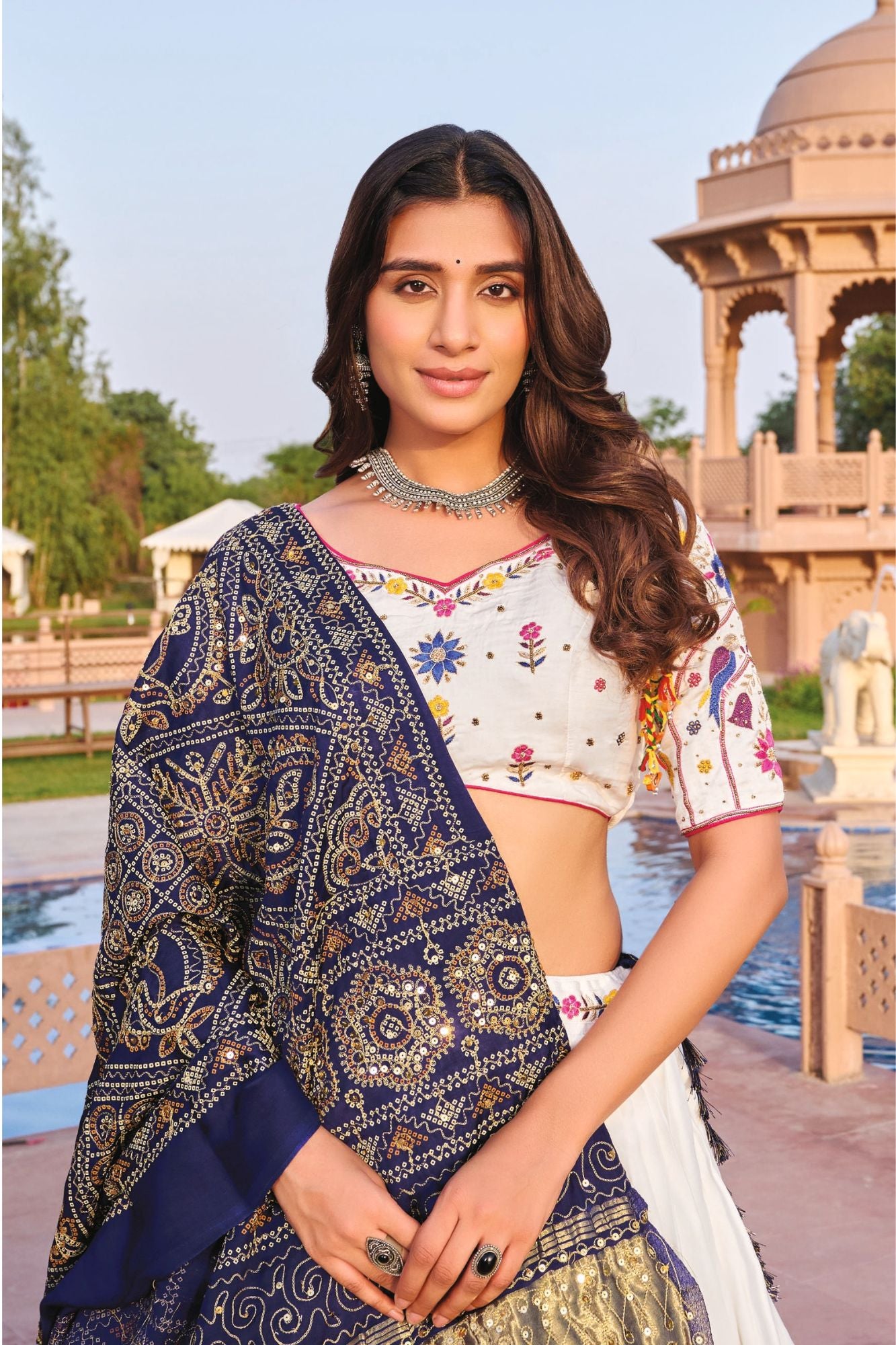 White Festive Chaniya Choli with Navy Blue Patola Dupatta and Floral Embroidered Blouse