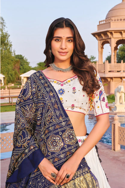 White Festive Chaniya Choli with Navy Blue Patola Dupatta and Floral Embroidered Blouse