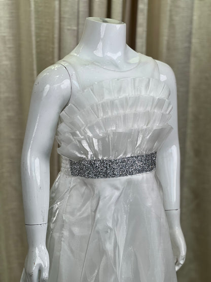 White Organza Gown with Pleated Bodice and Embellished Waist