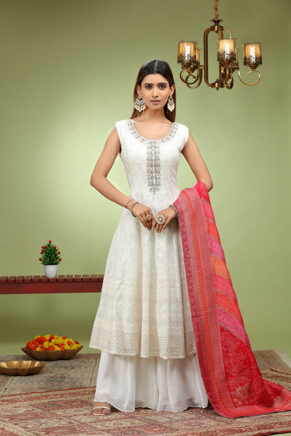 White Anarkali Kurta With Silk Dupatta