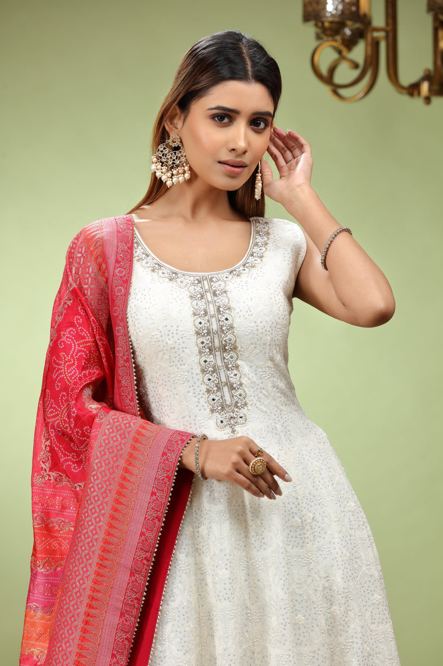 White Anarkali Kurta With Silk Dupatta