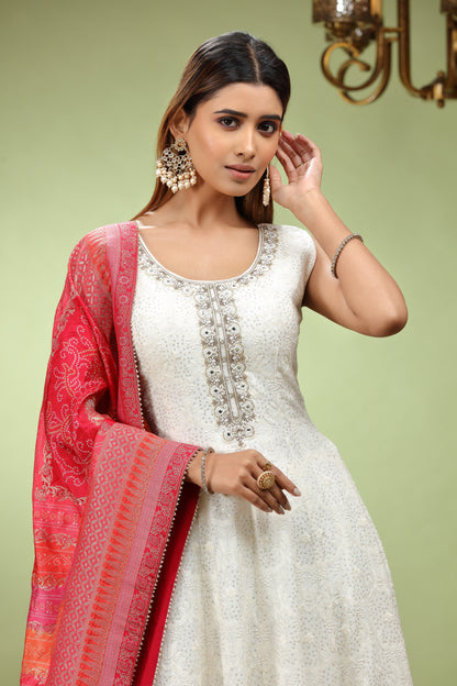 White Anarkali Kurta With Silk Dupatta