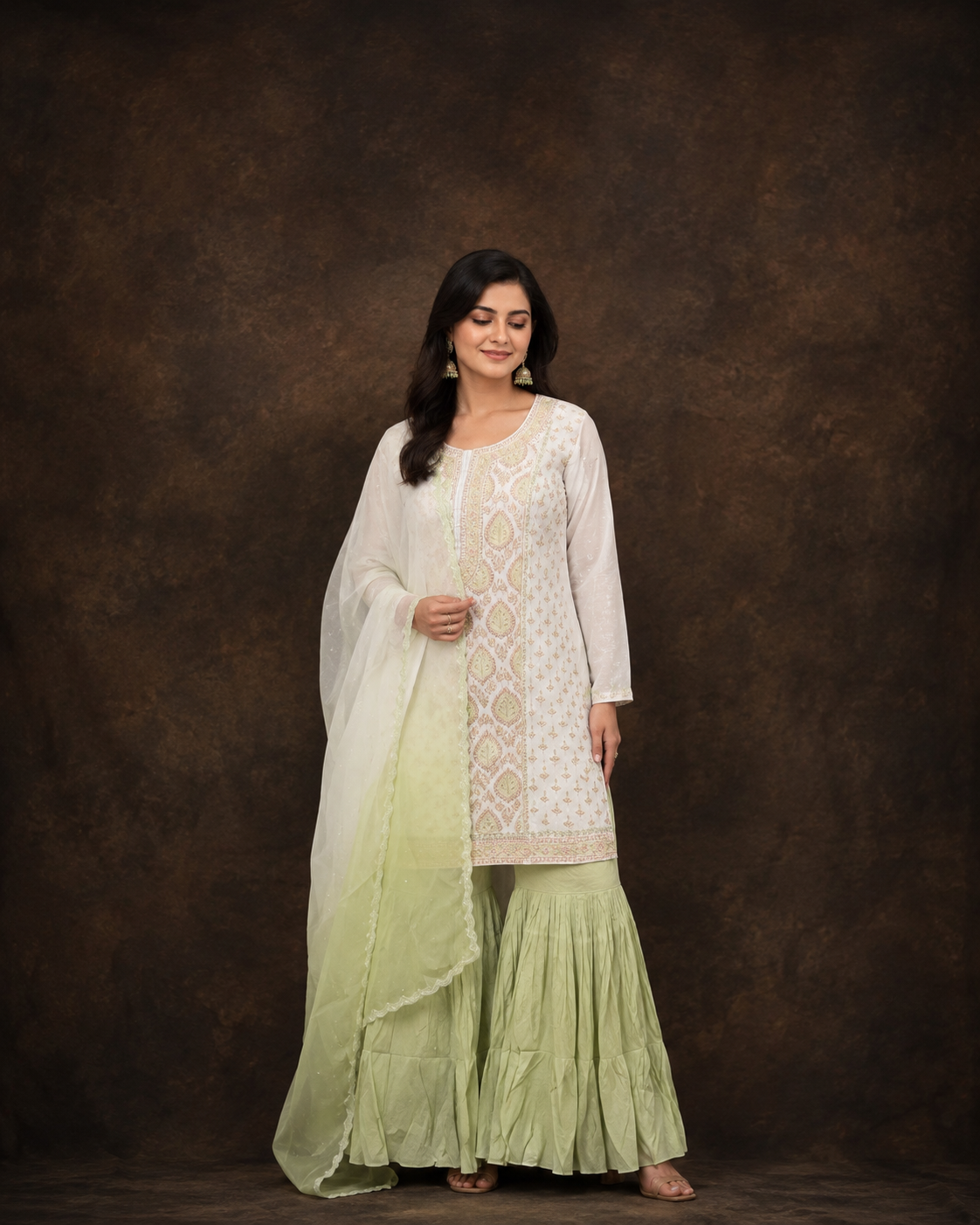 White Embroidered Kurta Gharara Set with Organza Dupatta