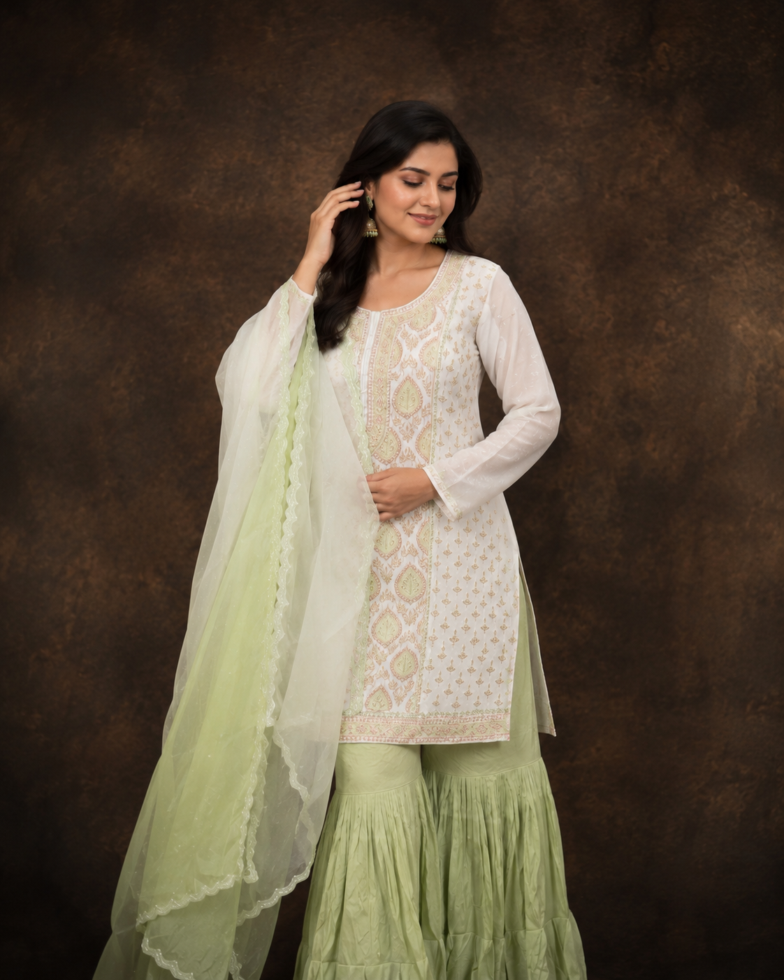 White Embroidered Kurta Gharara Set with Organza Dupatta