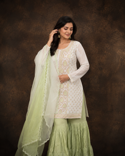 White Embroidered Kurta Gharara Set with Organza Dupatta