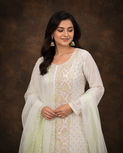White Embroidered Kurta Gharara Set with Organza Dupatta