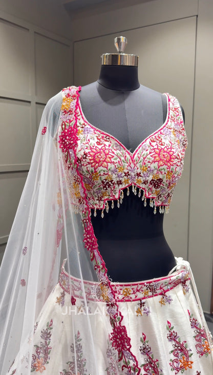 White & Pink Floral Embroidered Festive Lehenga Set