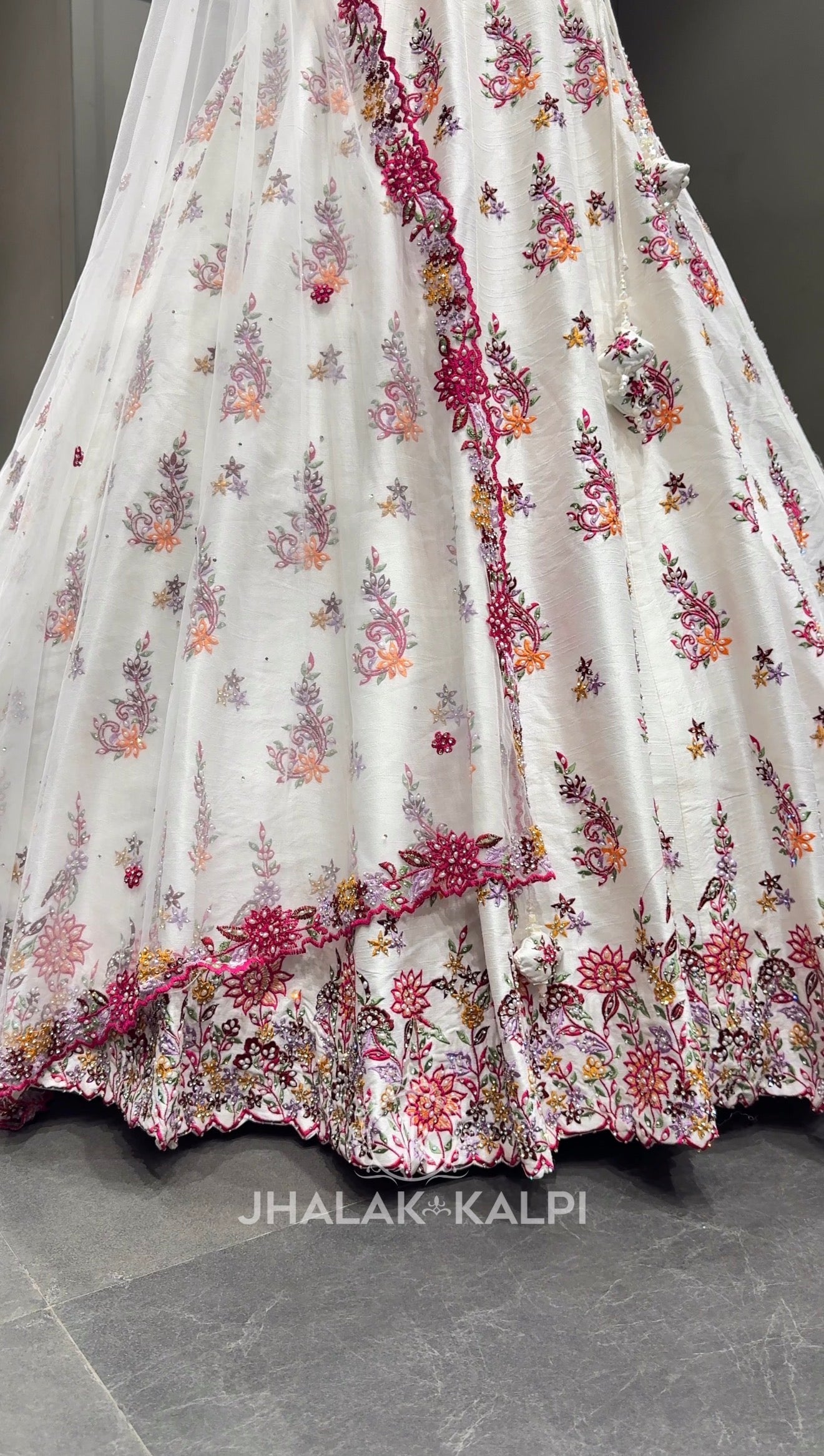 White & Pink Floral Embroidered Festive Lehenga Set