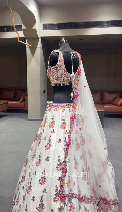 White & Pink Floral Embroidered Festive Lehenga Set