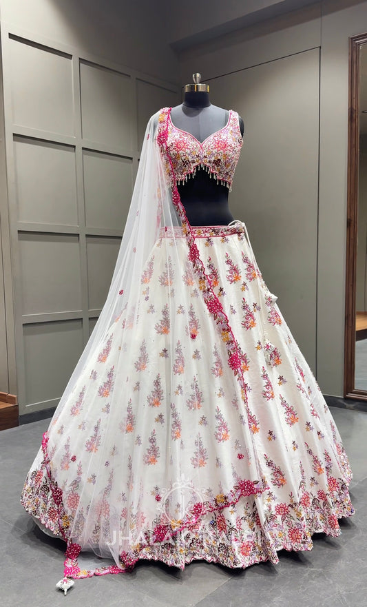 White & Pink Floral Embroidered Festive Lehenga Set