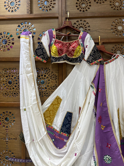 White & Purple Patchwork Chaniya Choli with Bandhani Blouse and Dupatta