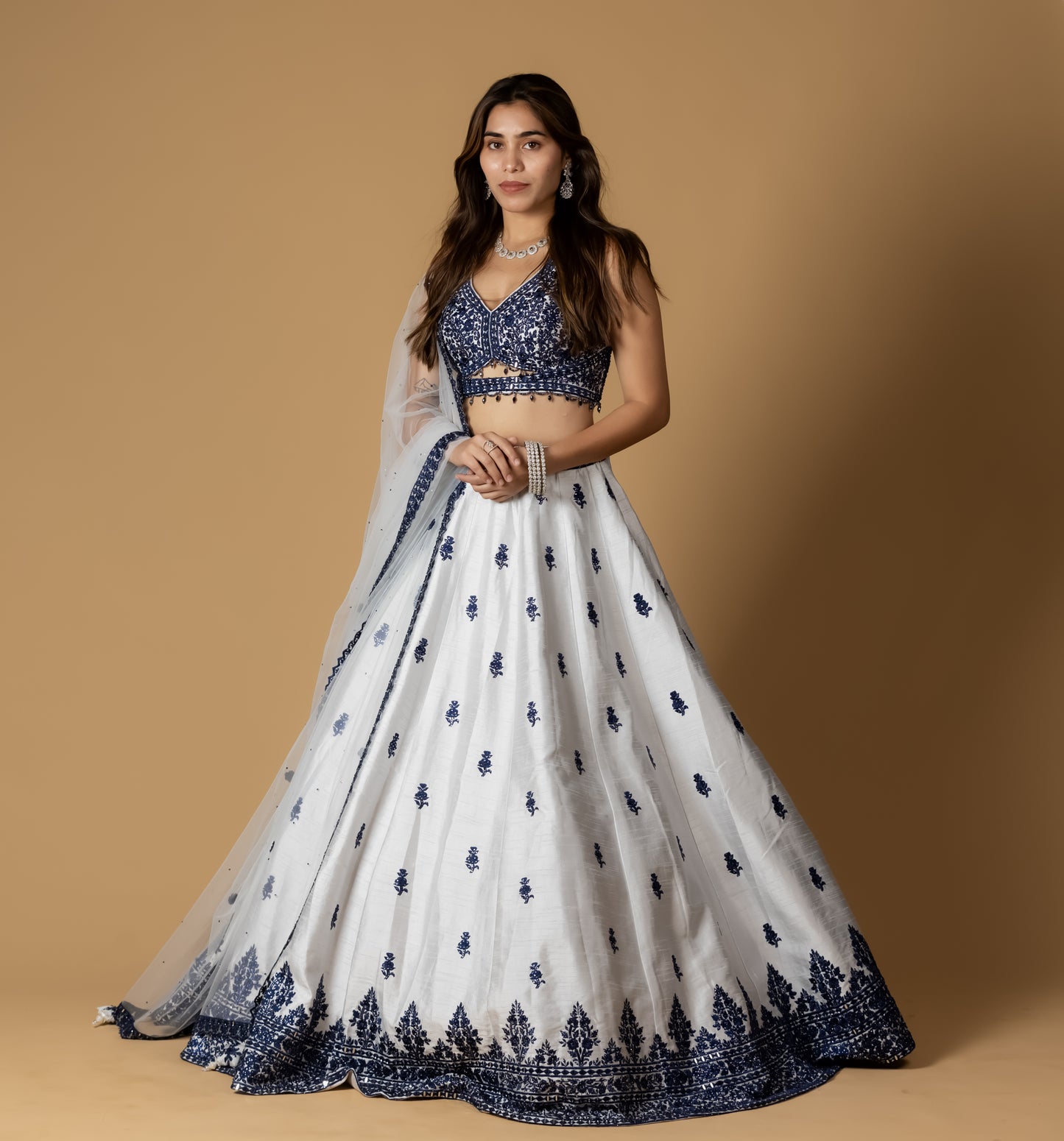 White and Navy Blue Embroidered Lehenga Choli with Mirror Work Detailing