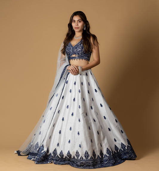 White and Navy Blue Embroidered Lehenga Choli with Mirror Work Detailing