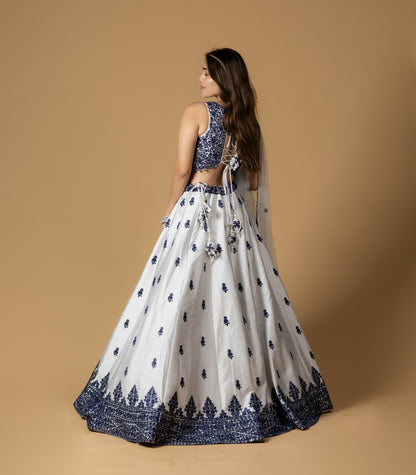 White and Navy Blue Embroidered Lehenga Choli with Mirror Work Detailing