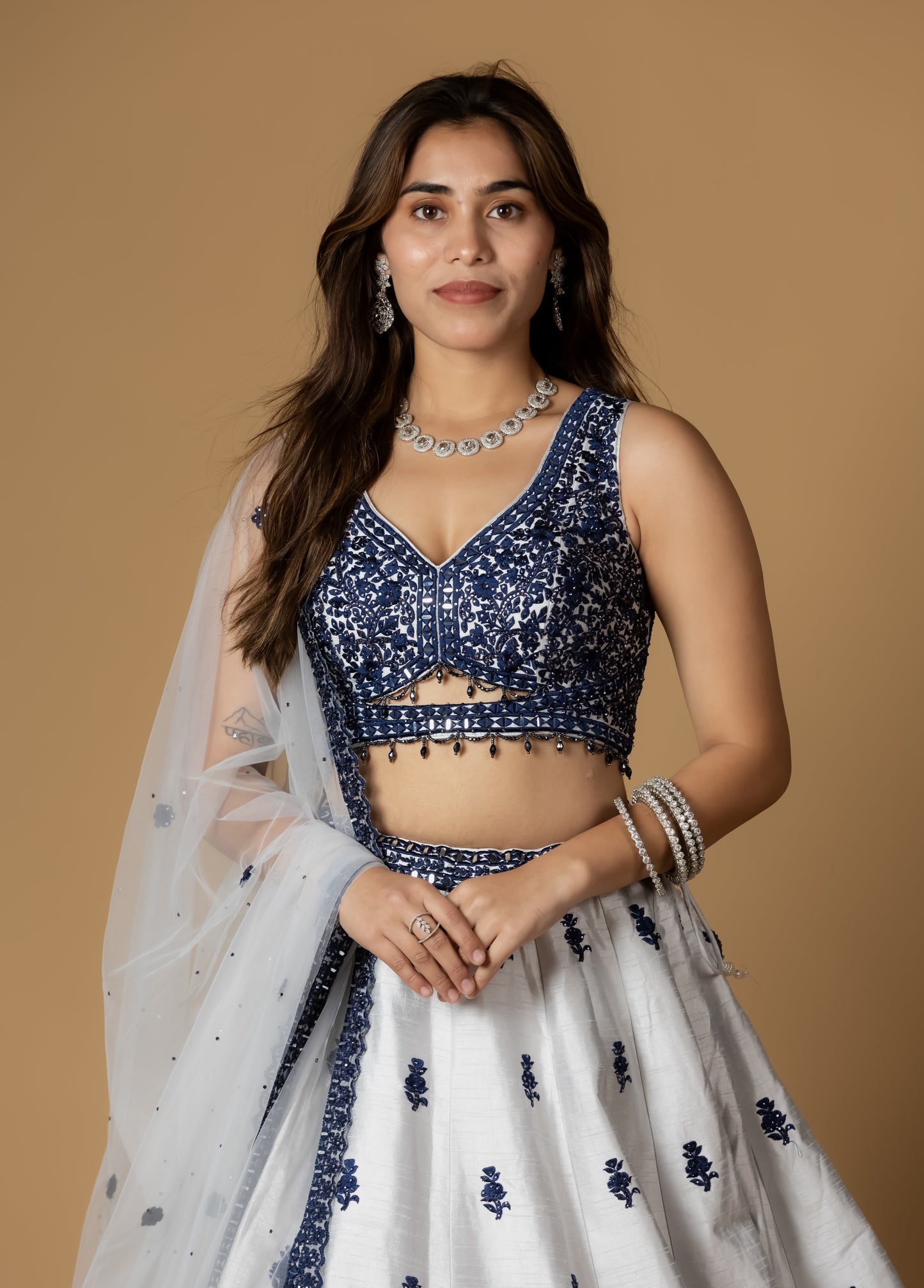 White and Navy Blue Embroidered Lehenga Choli with Mirror Work Detailing