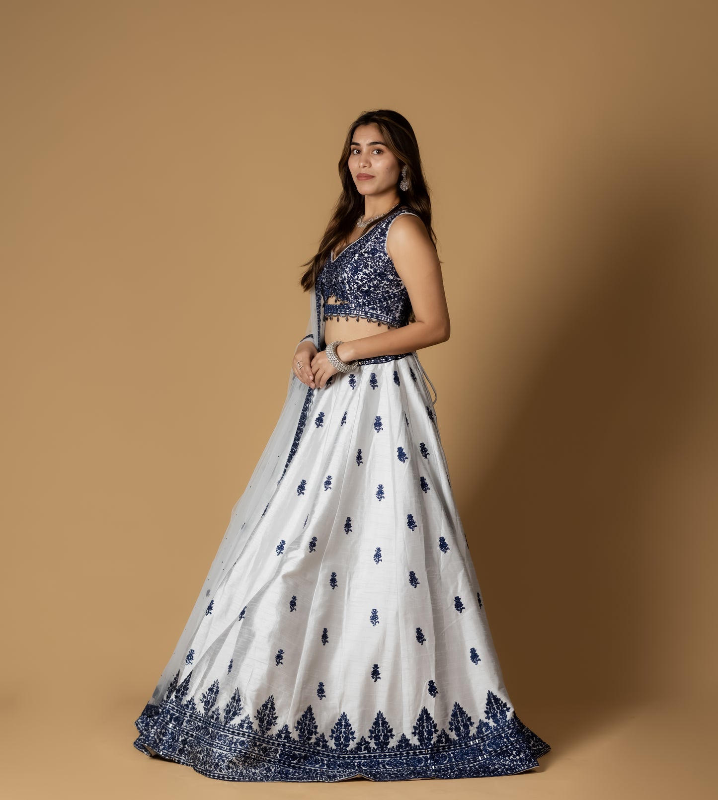 White and Navy Blue Embroidered Lehenga Choli with Mirror Work Detailing