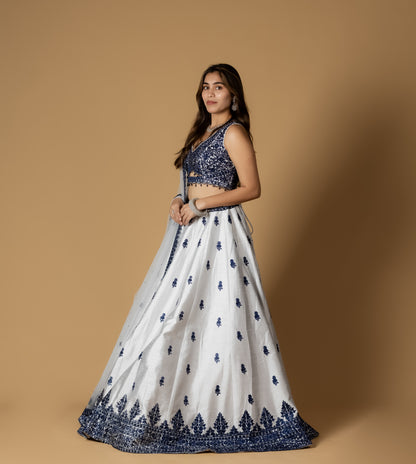 White and Navy Blue Embroidered Lehenga Choli with Mirror Work Detailing