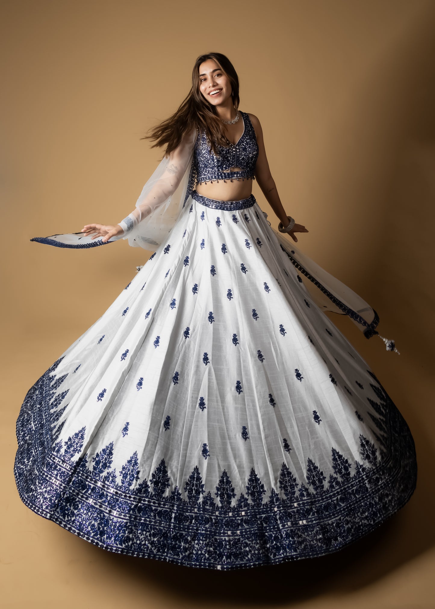 White and Navy Blue Embroidered Lehenga Choli with Mirror Work Detailing