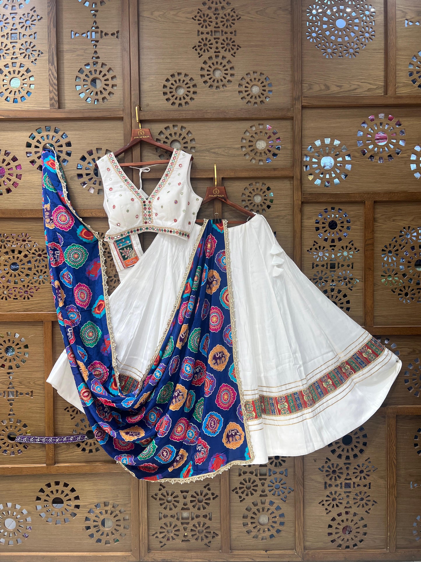White and Navy Blue Gujarati Navratri Chaniya Choli