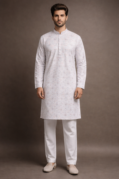 White and Pastel Pink Floral Embroidered Kurta Set