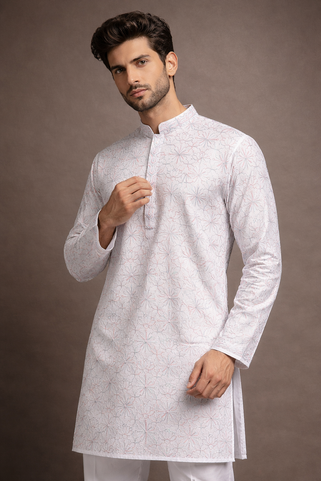 White and Pastel Pink Floral Embroidered Kurta Set