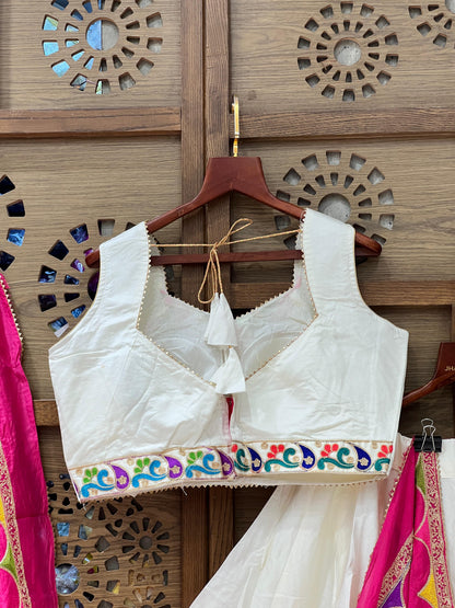 White and Rani Pink Navratri Chaniya Choli with Multicolor Embroidery and Paisley Work