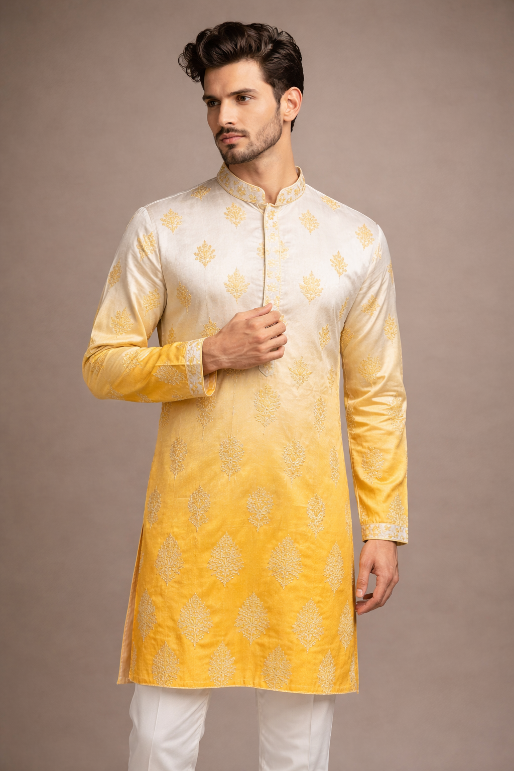White to Mustard Yellow Ombre Embroidered Kurta Set