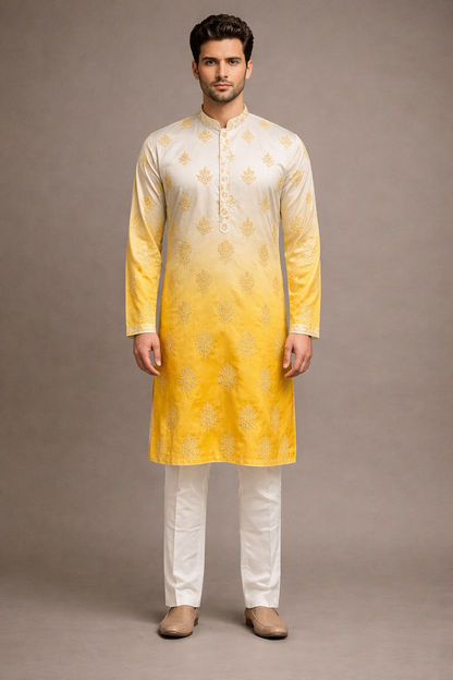 White to Mustard Yellow Ombre Embroidered Kurta Set