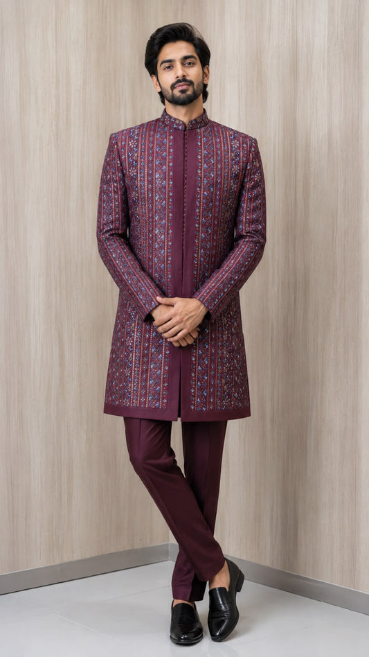 Wine Embroidered Indo Western with Geometric Pattern and Mandarin Collar