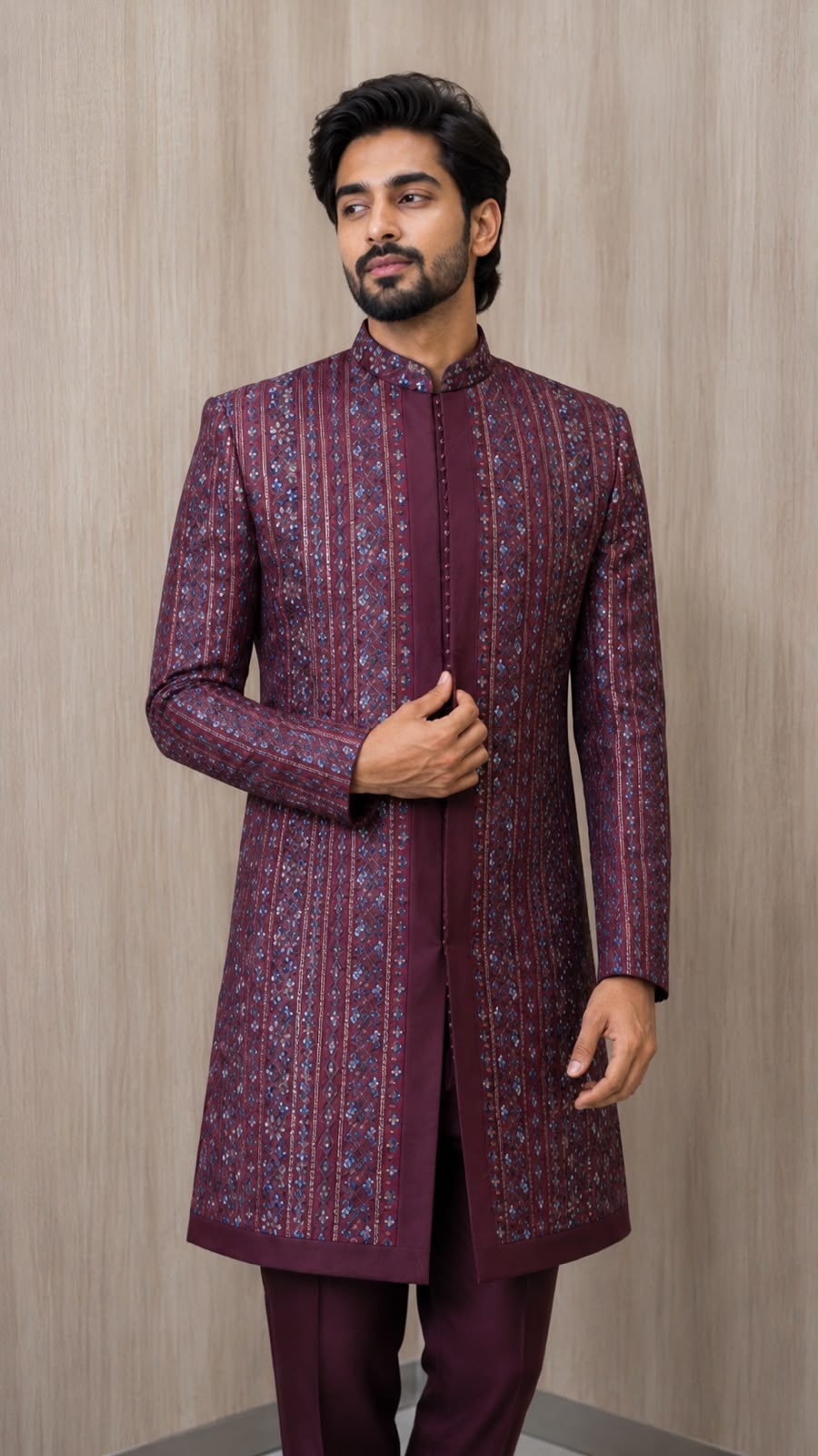 Wine Embroidered Indo Western with Geometric Pattern and Mandarin Collar
