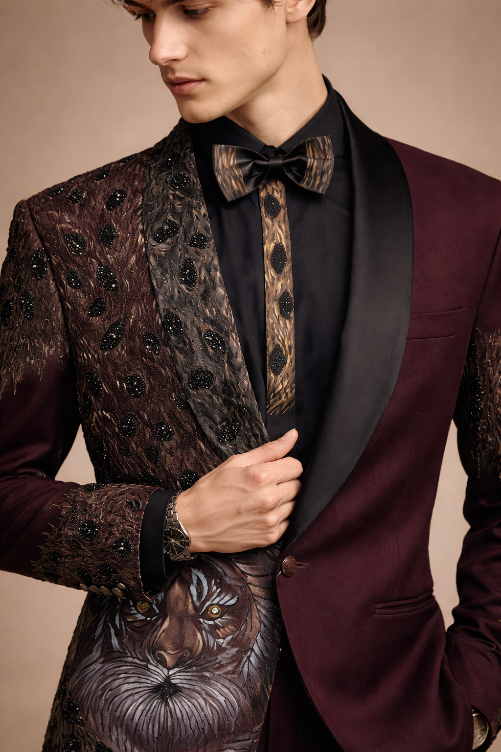 Wine Maroon Designer Tuxedo Suit with Tiger Embroidery & Black Satin Lapel