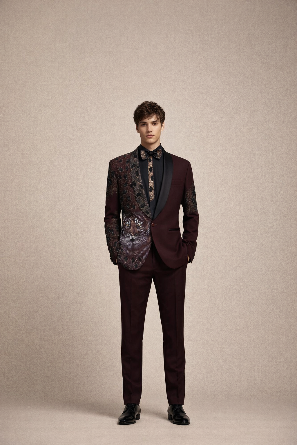 Wine Maroon Designer Tuxedo Suit with Tiger Embroidery & Black Satin Lapel