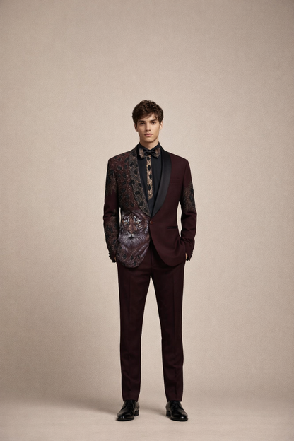 Wine Maroon Designer Tuxedo Suit with Tiger Embroidery & Black Satin Lapel