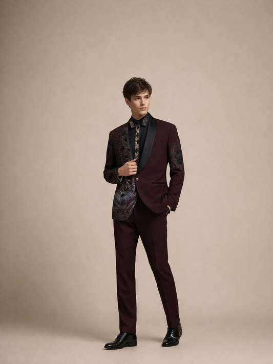 Wine Maroon Designer Tuxedo Suit with Tiger Embroidery & Black Satin Lapel