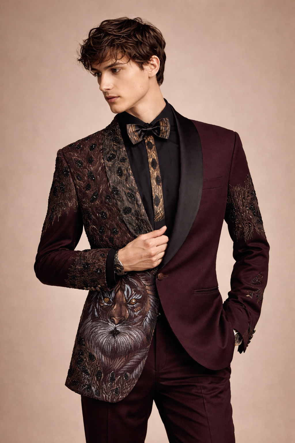 Wine Maroon Designer Tuxedo Suit with Tiger Embroidery & Black Satin Lapel