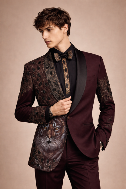 Wine Maroon Designer Tuxedo Suit with Tiger Embroidery & Black Satin Lapel