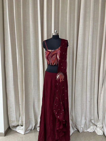 Wine Maroon Embellished Lehenga Set with Sequined Blouse and Ruffled Dupatta