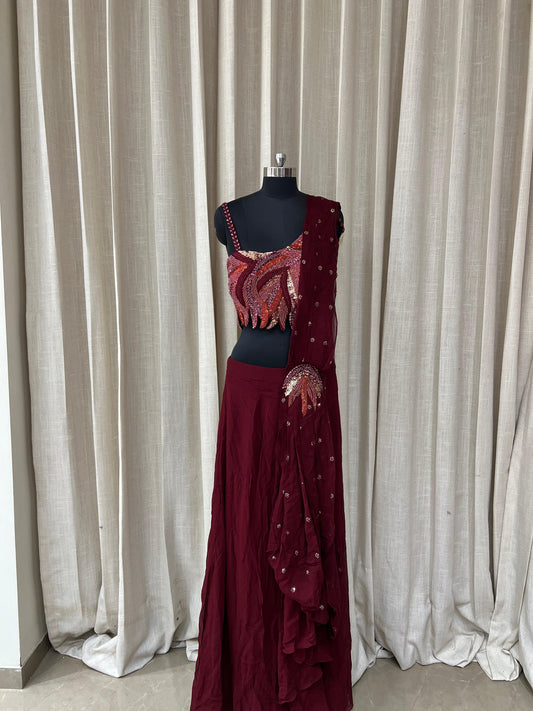 Wine Maroon Embellished Lehenga Set with Sequined Blouse and Ruffled Dupatta