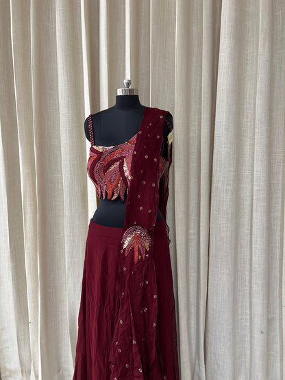 Wine Maroon Embellished Lehenga Set with Sequined Blouse and Ruffled Dupatta