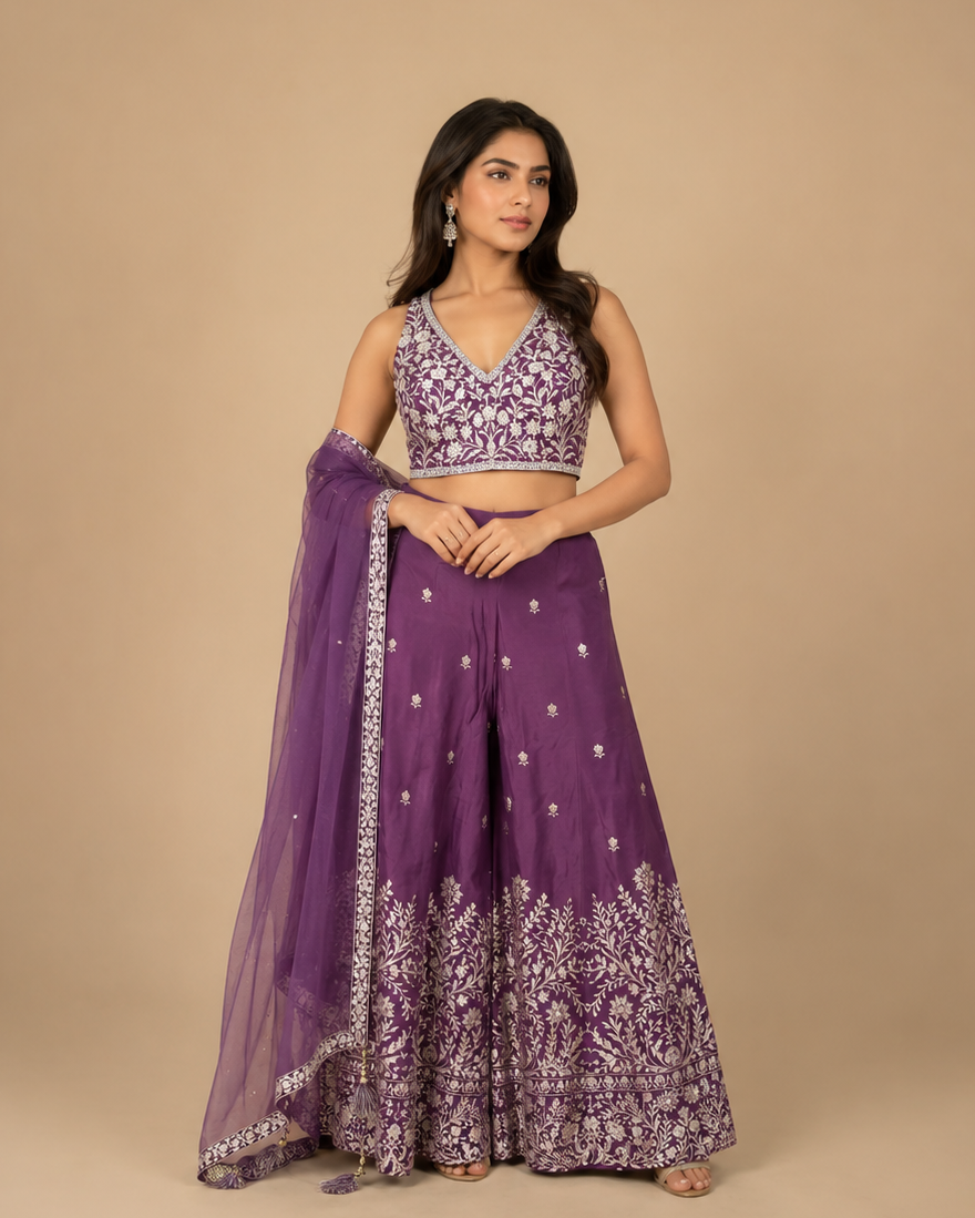 Wine Purple Embroidered Designer Lehenga Set with Deep V-Neck Blouse & Net Dupatta