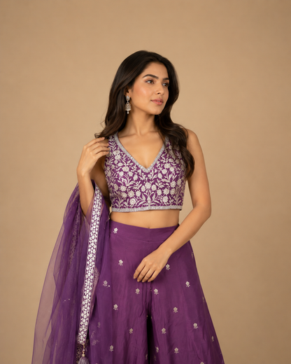 Wine Purple Embroidered Designer Lehenga Set with Deep V-Neck Blouse & Net Dupatta