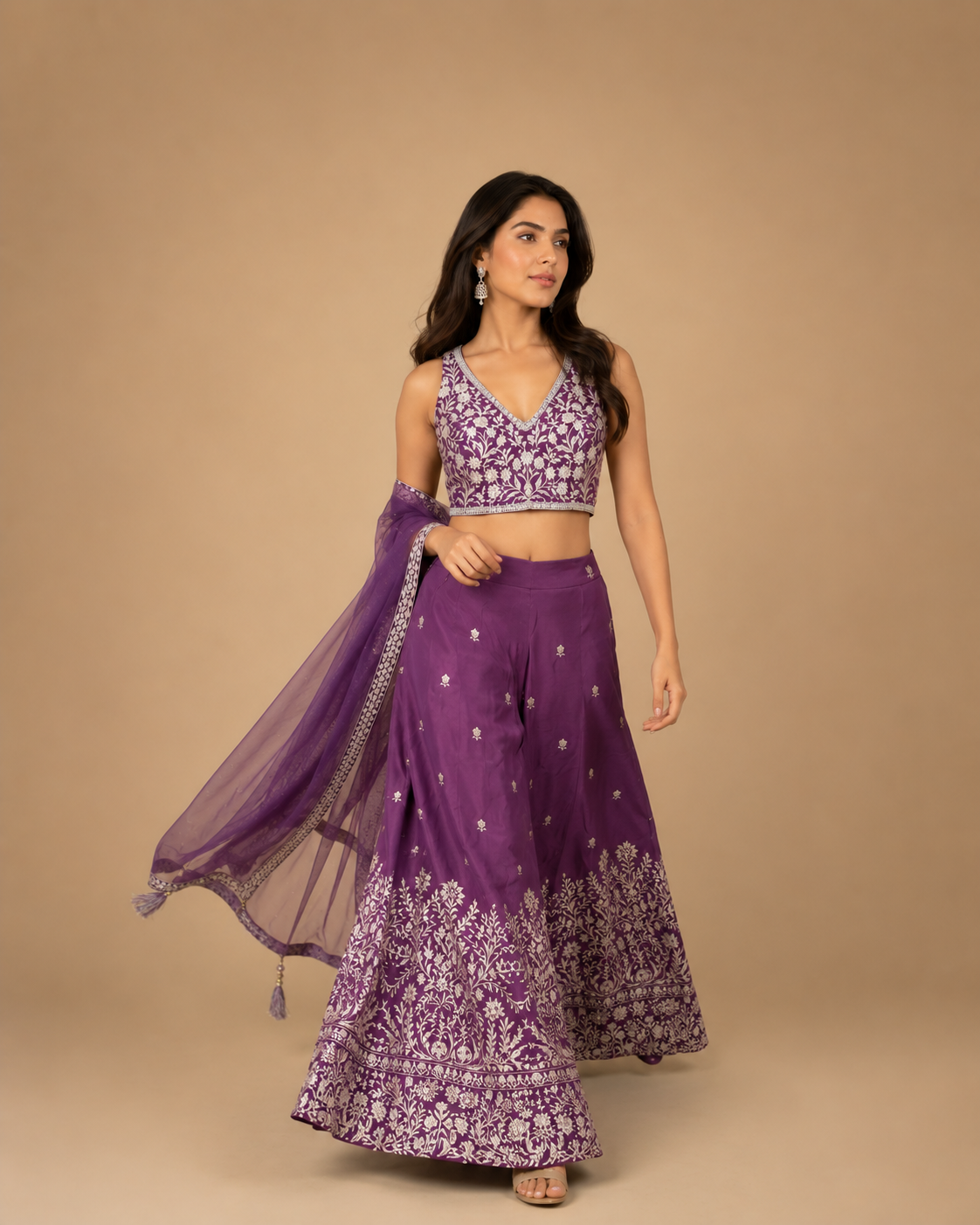 Wine Purple Embroidered Designer Lehenga Set with Deep V-Neck Blouse & Net Dupatta
