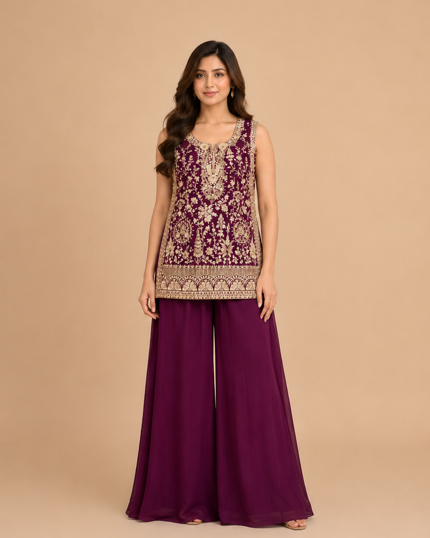 Wine Purple Heavy Embroidered Palazzo Suit Set