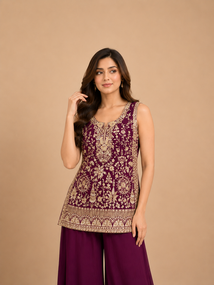 Wine Purple Heavy Embroidered Palazzo Suit Set