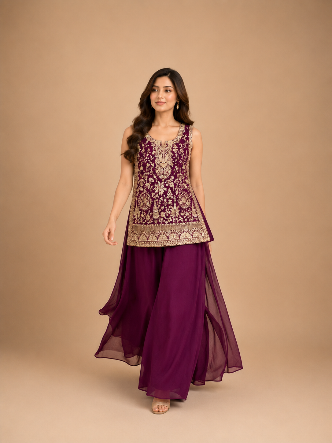 Wine Purple Heavy Embroidered Palazzo Suit Set