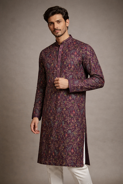 Wine Purple Multicolor Floral Embroidered Straight Kurta Set for Men