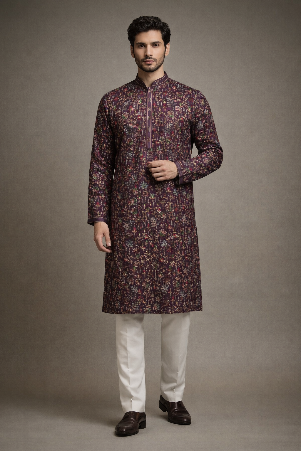 Wine Purple Multicolor Floral Embroidered Straight Kurta Set for Men
