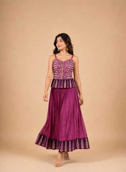 Wine Purple Printed Indo-Western Lehenga Set with Handwork Blouse