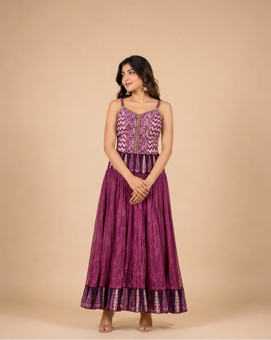 Wine Purple Printed Indo-Western Lehenga Set with Handwork Blouse